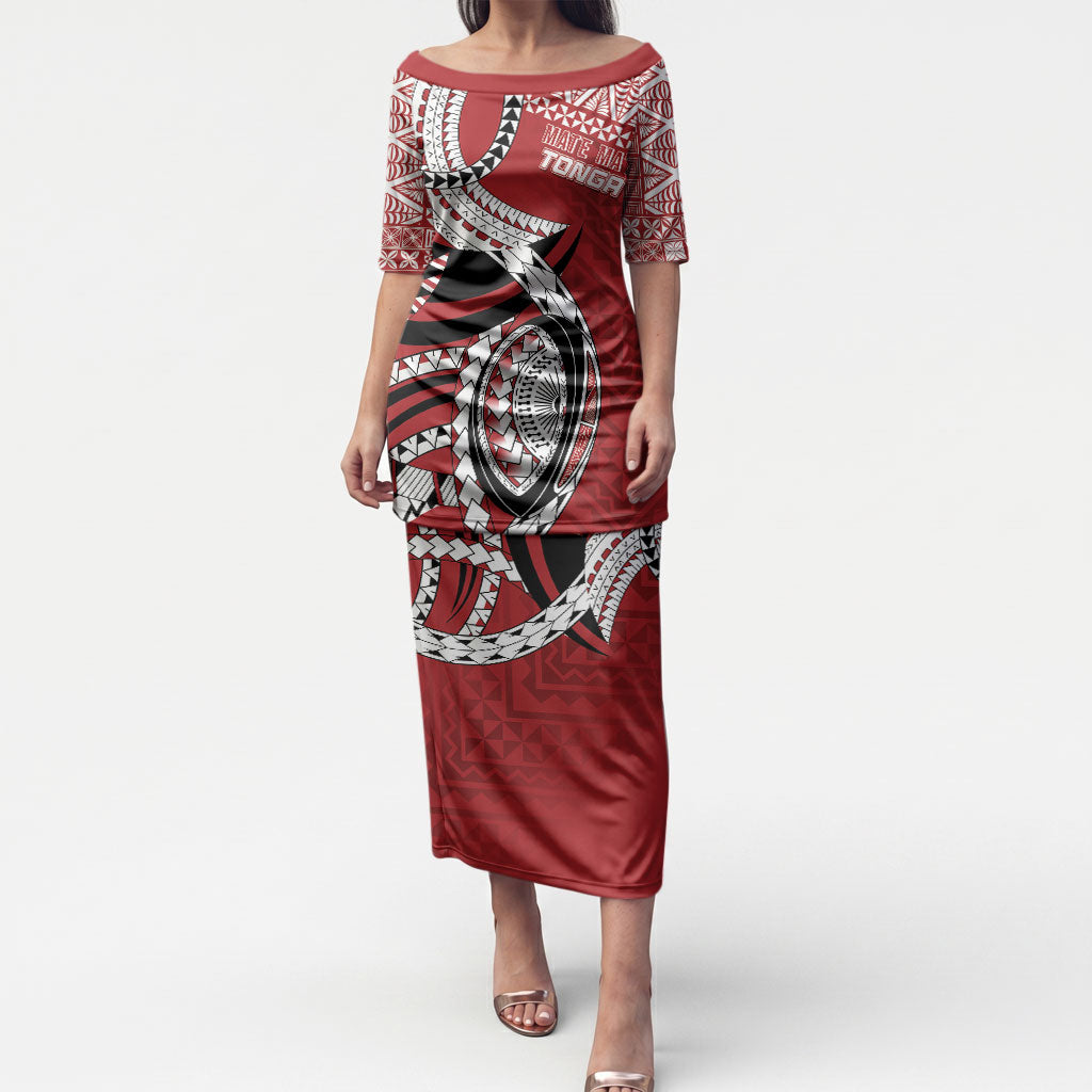 Mate Ma'a Tonga Rugby Custom Kupesi Motifs Puletasi Red Waves LT7 Long Dress Red - Polynesian Pride