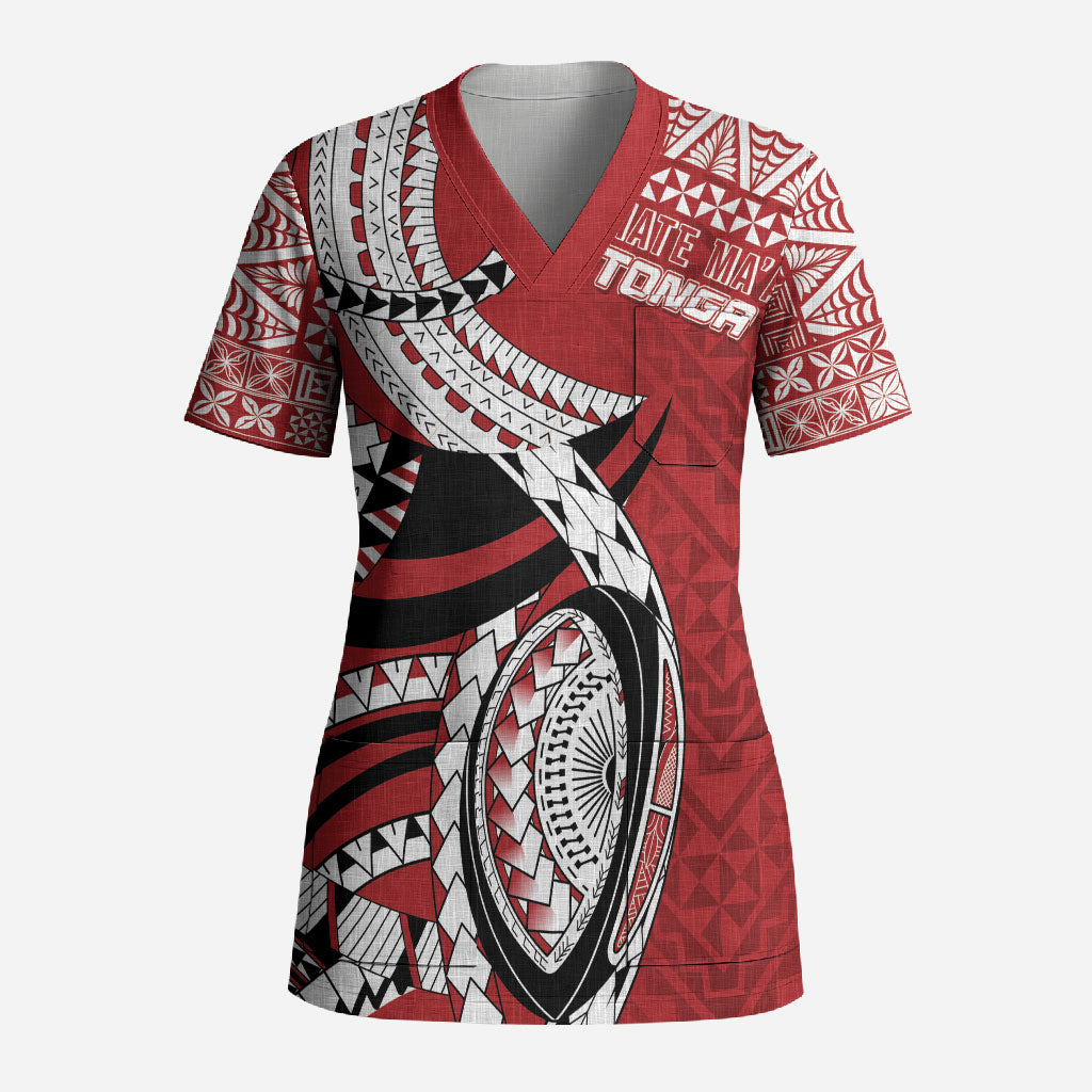 Mate Ma'a Tonga Rugby Custom Kupesi Motifs Scrub Top Red Waves LT7 Adult Red - Polynesian Pride