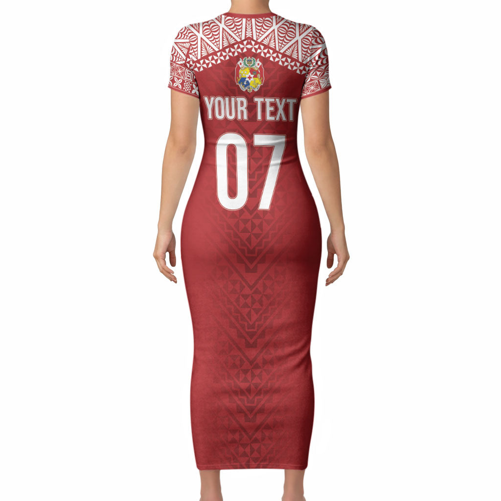 Mate Ma'a Tonga Rugby Custom Kupesi Motifs Short Sleeve Bodycon Dress Red Waves LT7 - Polynesian Pride