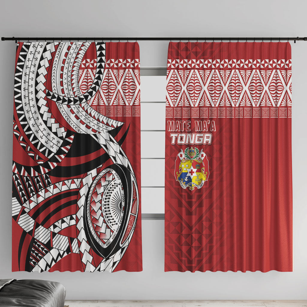 Mate Ma'a Tonga Rugby Kupesi Motifs Window Curtain Red Waves LT7 With Hooks Red - Polynesian Pride