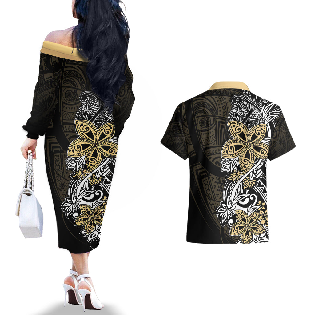 Polynesian Pride Couples Matching Off The Shoulder Long Sleeve Dress and Hawaiian Shirt Tiare With Plumeria Mix Style LT7 - Polynesian Pride