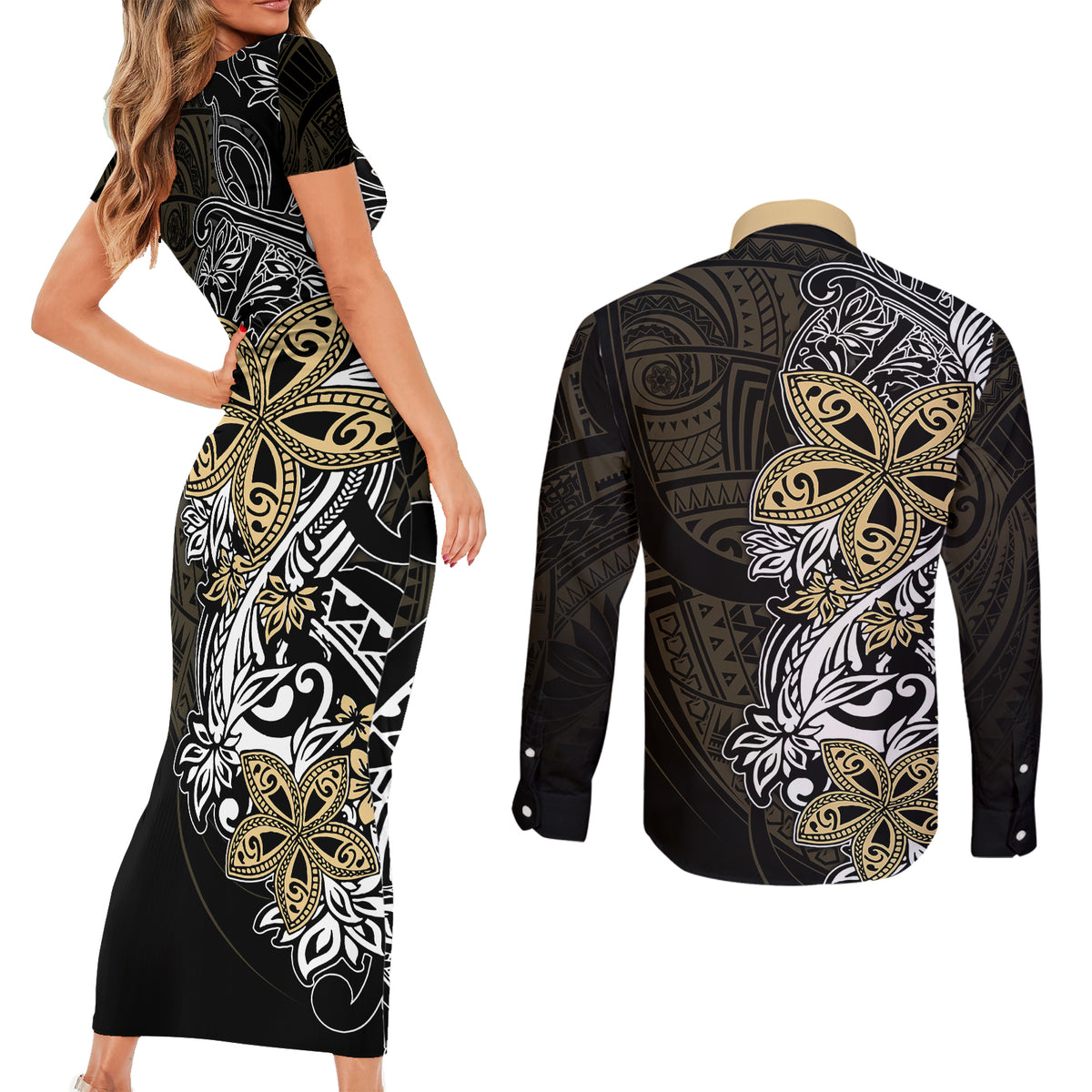 Polynesian Pride Couples Matching Short Sleeve Bodycon Dress and Long Sleeve Button Shirts Tiare With Plumeria Mix Style LT7 - Polynesian Pride