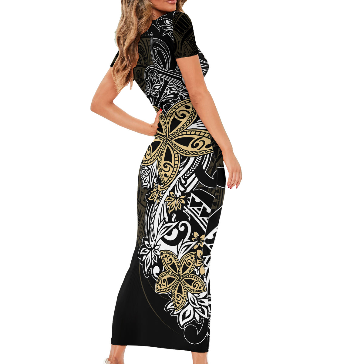 Polynesian Pride Short Sleeve Bodycon Dress Tiare With Plumeria Mix Style LT7 - Polynesian Pride