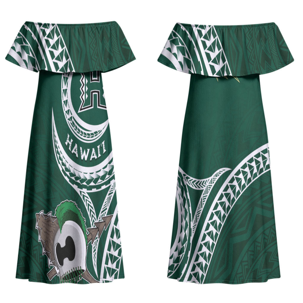 Hawaii Rainbow Warriors Alumni Personalized Couples Matching Off Shoulder Maxi Dress and Long Sleeve Button Shirt Ti Maile Lei - Glory For The Warriors