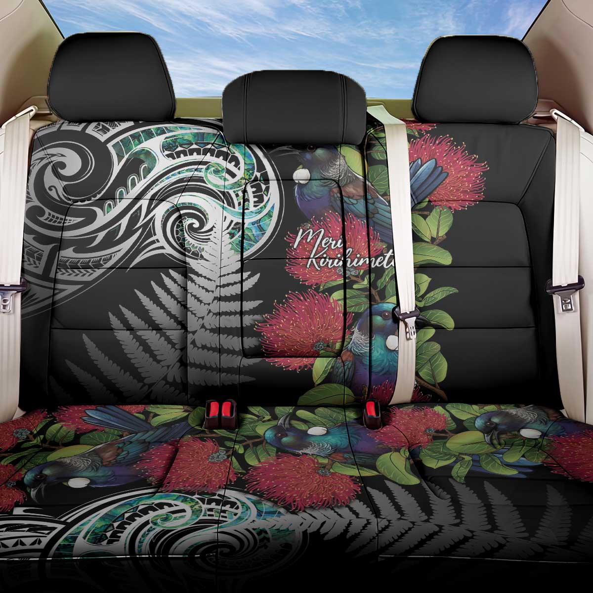 Meri Kirihimete New Zealand Back Car Seat Cover Tui on Pohutukawa