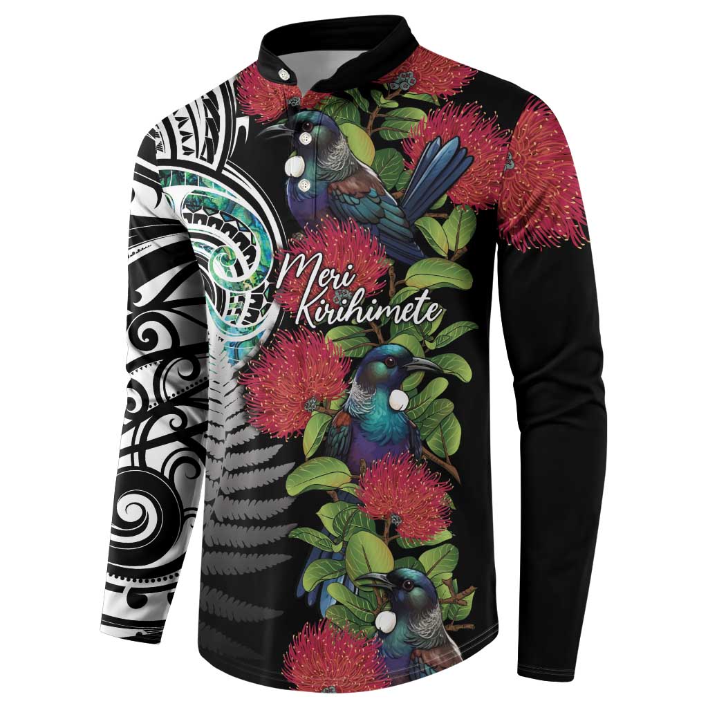 Meri Kirihimete New Zealand Button Sweatshirt Tui on Pohutukawa