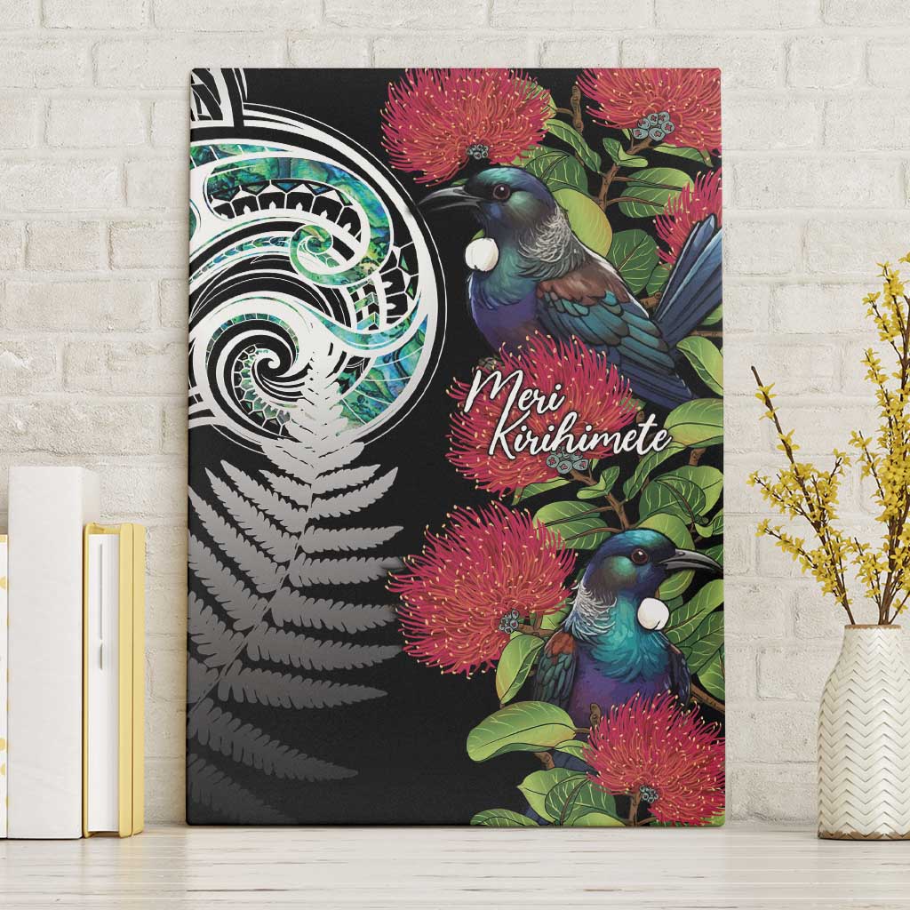 Meri Kirihimete New Zealand Canvas Wall Art Tui on Pohutukawa