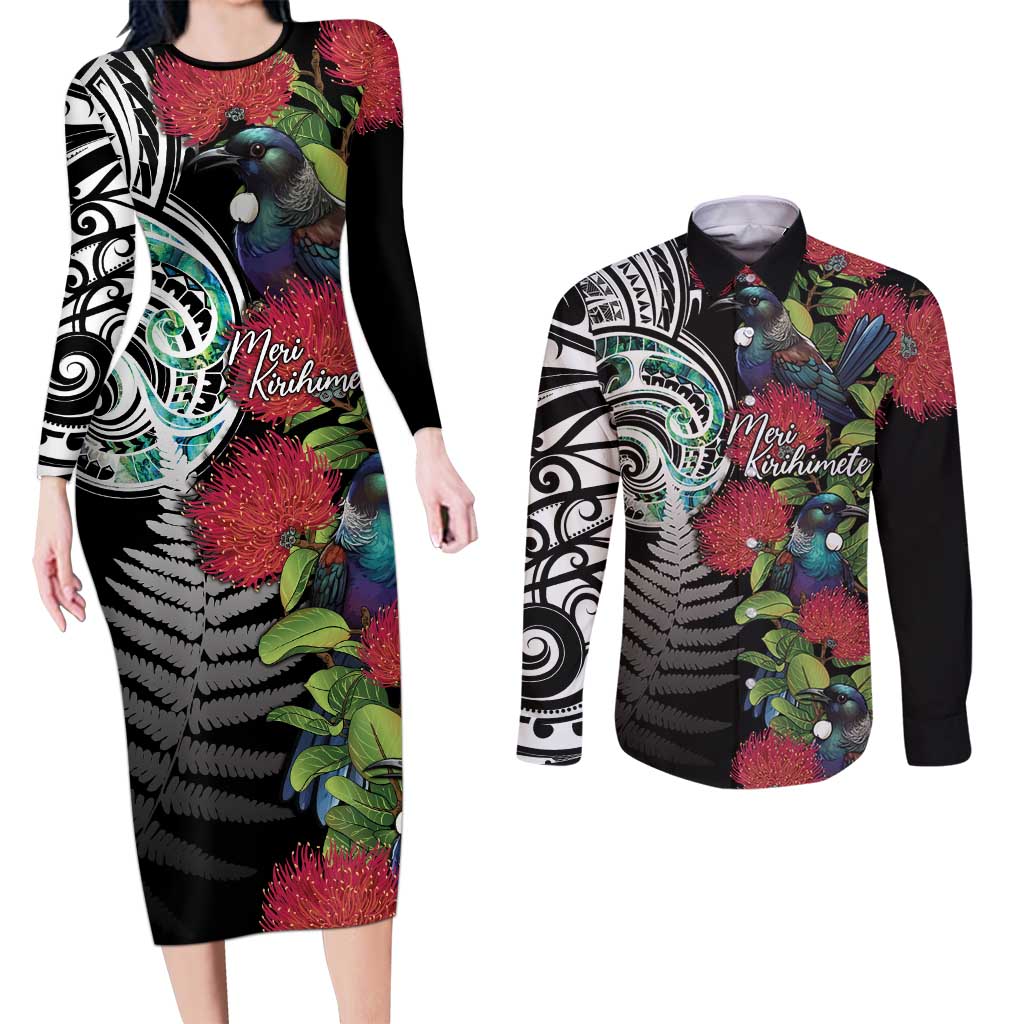 Meri Kirihimete New Zealand Couples Matching Long Sleeve Bodycon Dress and Long Sleeve Button Shirt Tui on Pohutukawa