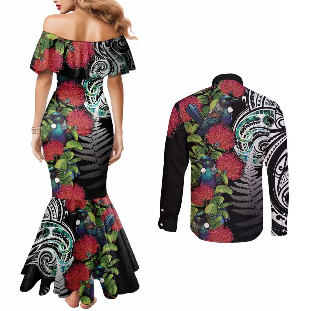 Meri Kirihimete New Zealand Couples Matching Mermaid Dress and Long Sleeve Button Shirt Tui on Pohutukawa