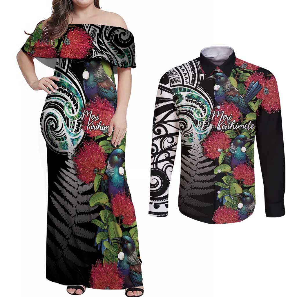 Meri Kirihimete New Zealand Couples Matching Off Shoulder Maxi Dress and Long Sleeve Button Shirt Tui on Pohutukawa