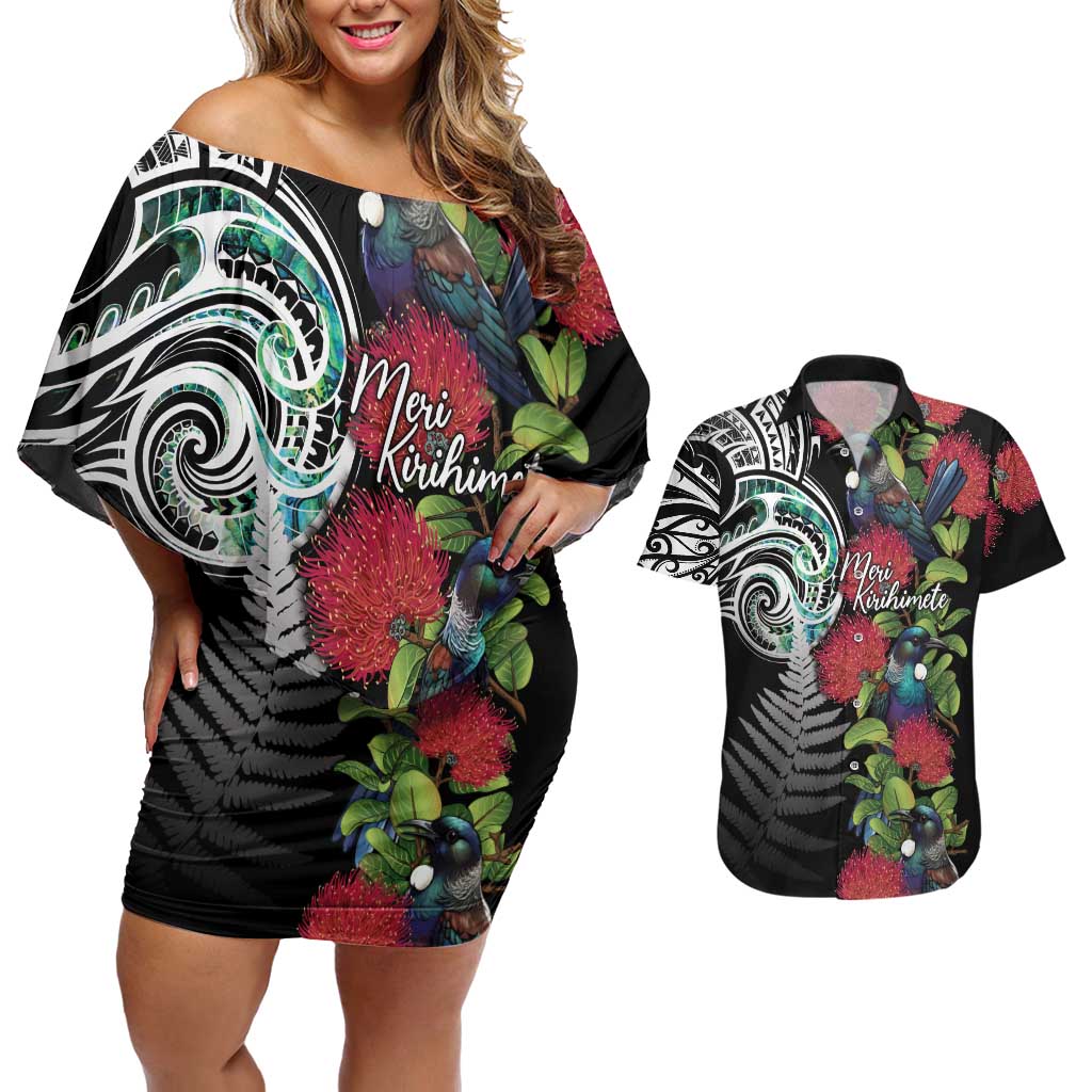 Meri Kirihimete New Zealand Couples Matching Off Shoulder Short Dress and Hawaiian Shirt Tui on Pohutukawa