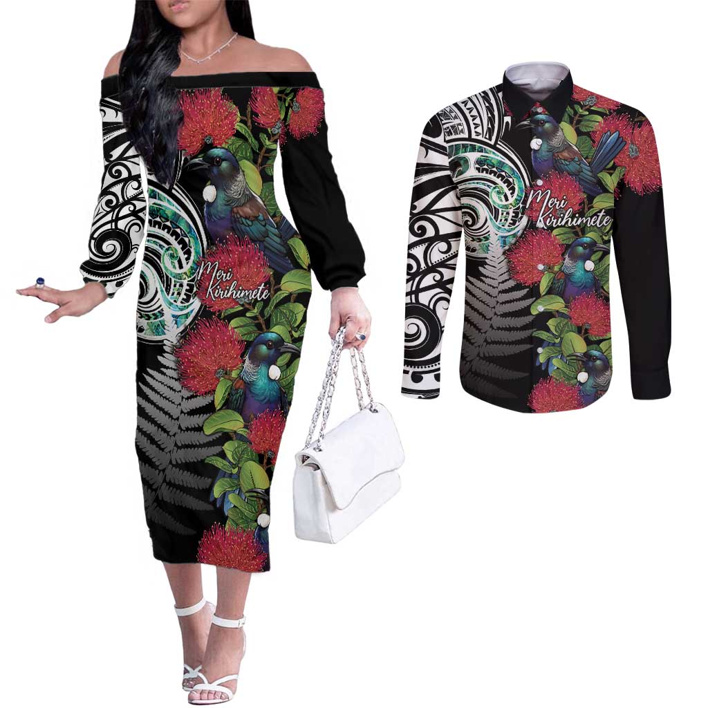 Meri Kirihimete New Zealand Couples Matching Off The Shoulder Long Sleeve Dress and Long Sleeve Button Shirt Tui on Pohutukawa