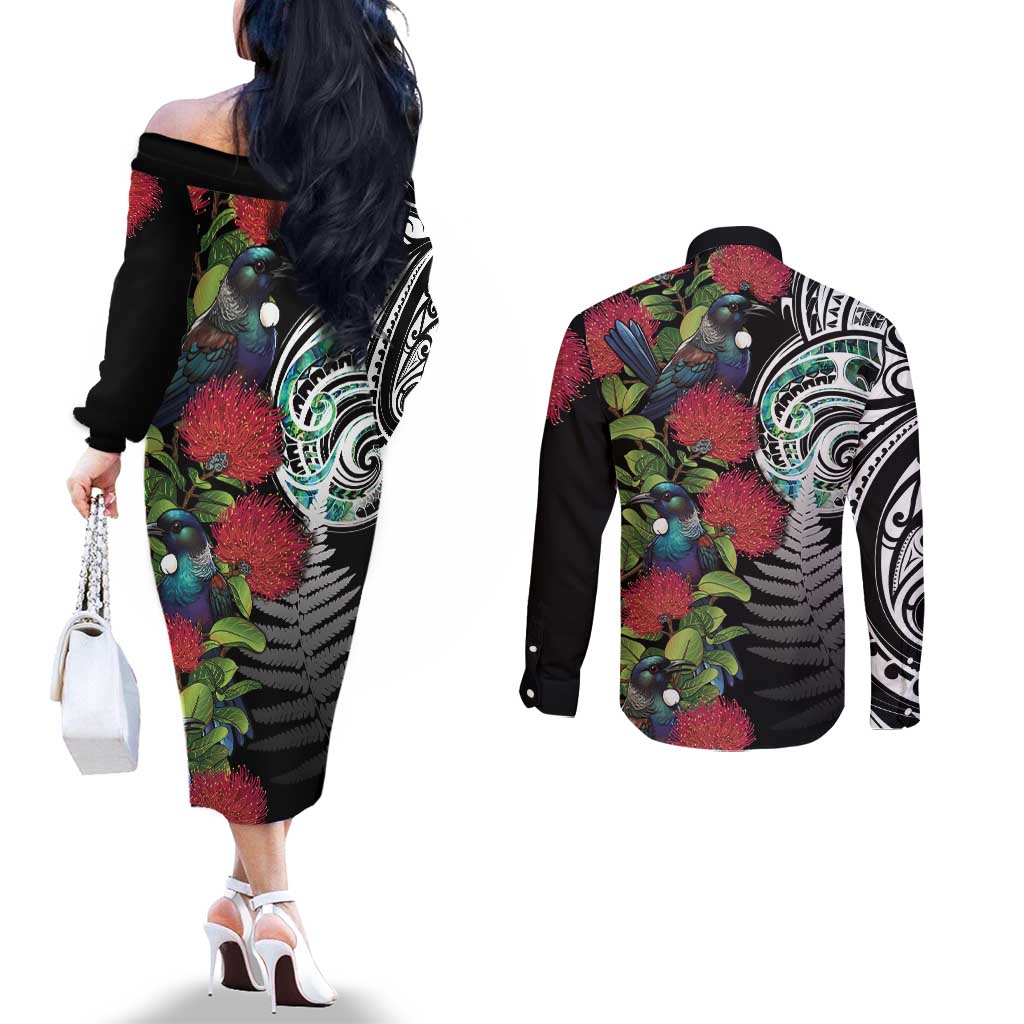 Meri Kirihimete New Zealand Couples Matching Off The Shoulder Long Sleeve Dress and Long Sleeve Button Shirt Tui on Pohutukawa