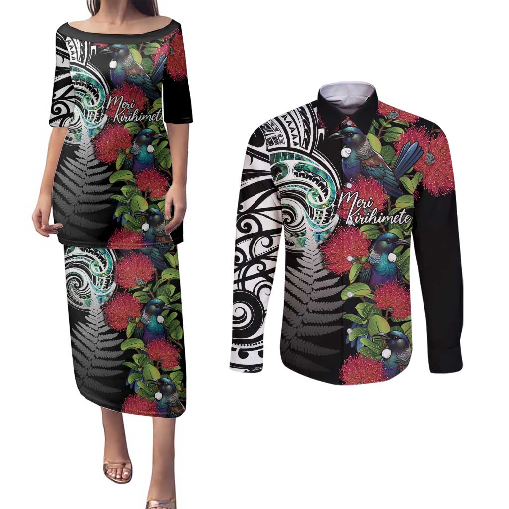Meri Kirihimete New Zealand Couples Matching Puletasi and Long Sleeve Button Shirt Tui on Pohutukawa
