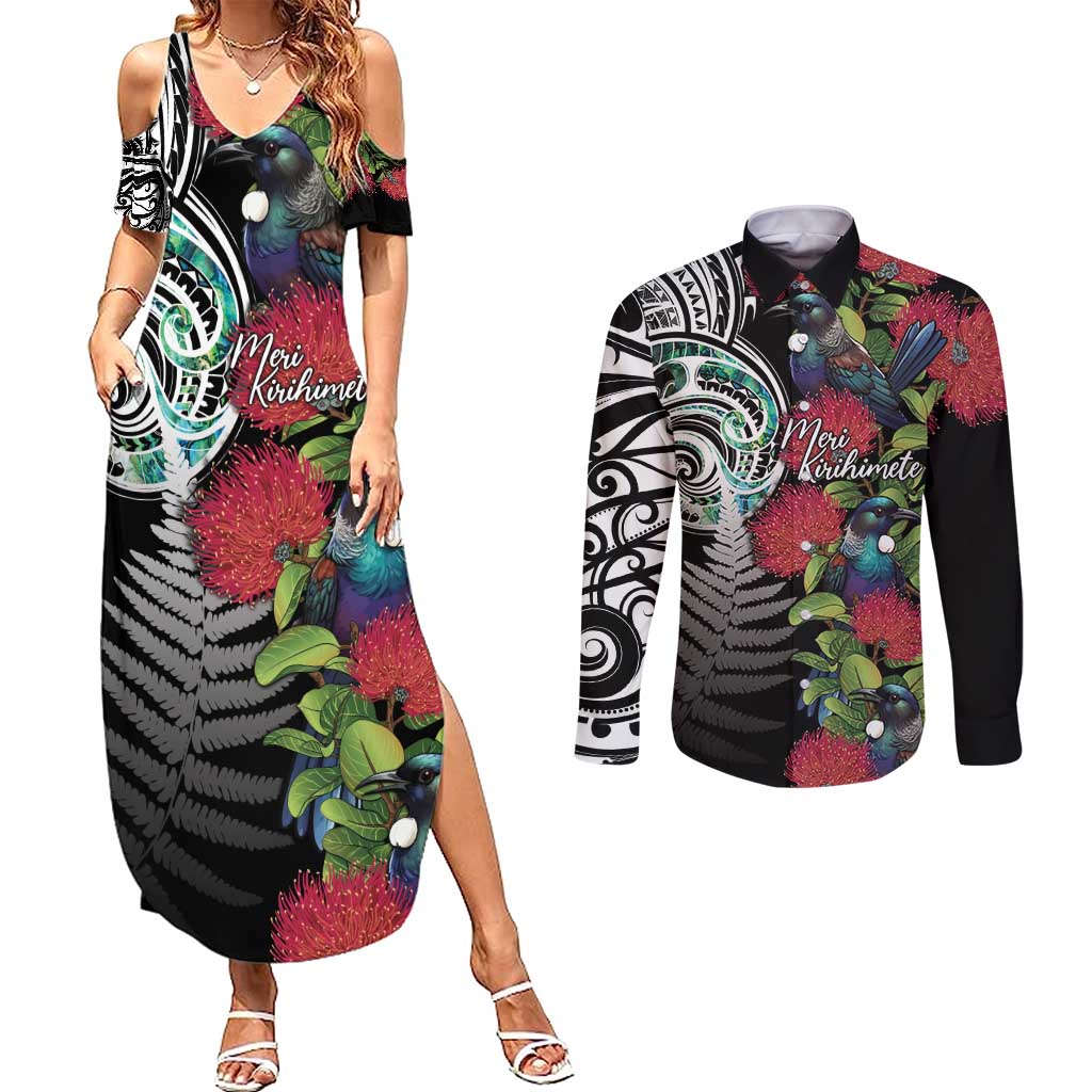 Meri Kirihimete New Zealand Couples Matching Summer Maxi Dress and Long Sleeve Button Shirt Tui on Pohutukawa