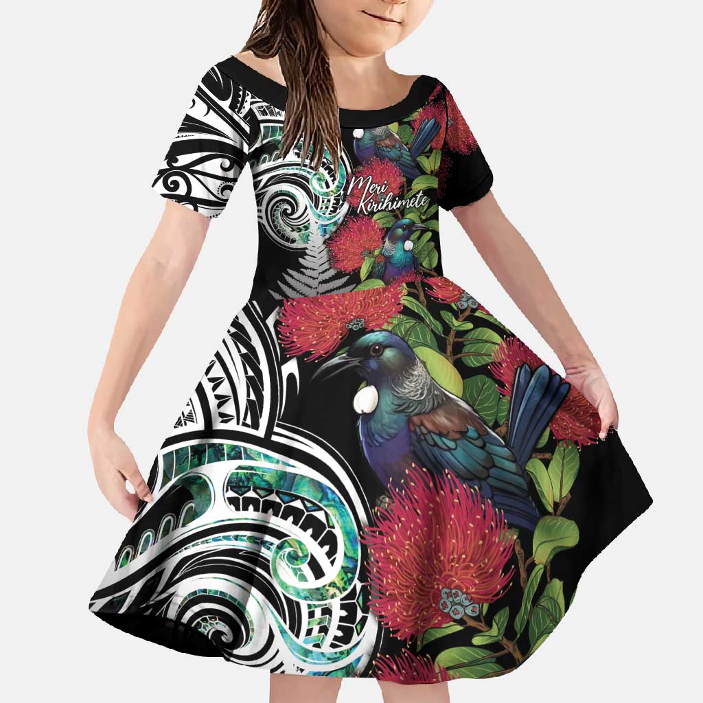Meri Kirihimete New Zealand Family Matching Mermaid Dress and Hawaiian Shirt Tui on Pohutukawa LT7 Daughter's Dress Black - Polynesian Pride