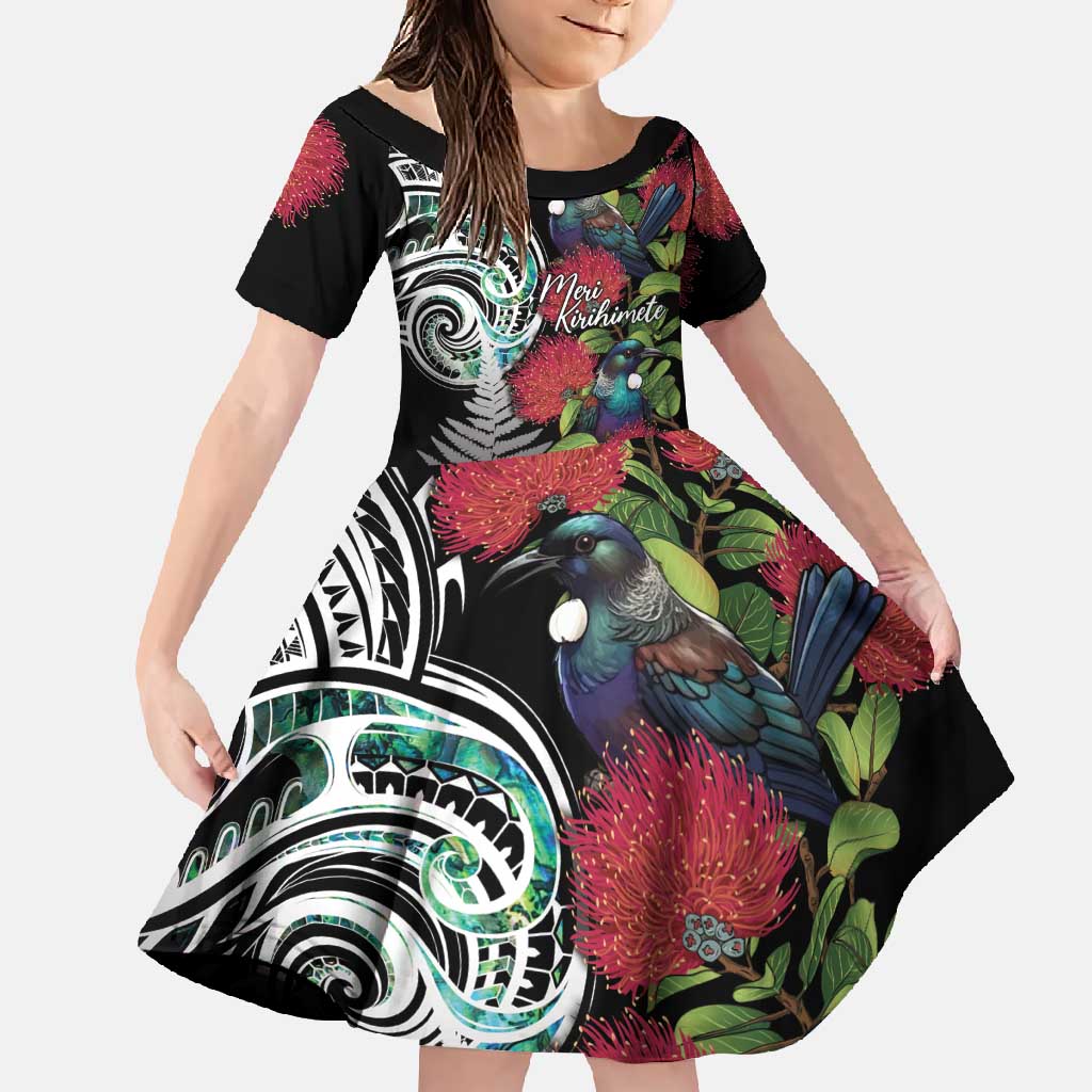 Meri Kirihimete New Zealand Family Matching Off Shoulder Maxi Dress and Hawaiian Shirt Tui on Pohutukawa LT7 Daughter's Dress Black - Polynesian Pride