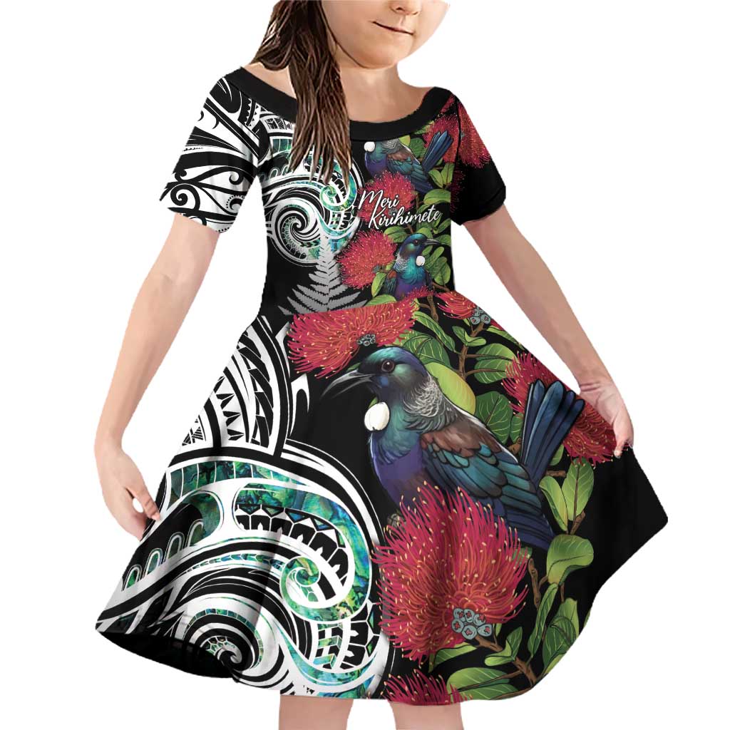 Meri Kirihimete New Zealand Family Matching Off Shoulder Short Dress and Hawaiian Shirt Tui on Pohutukawa LT7 Daughter's Dress Black - Polynesian Pride