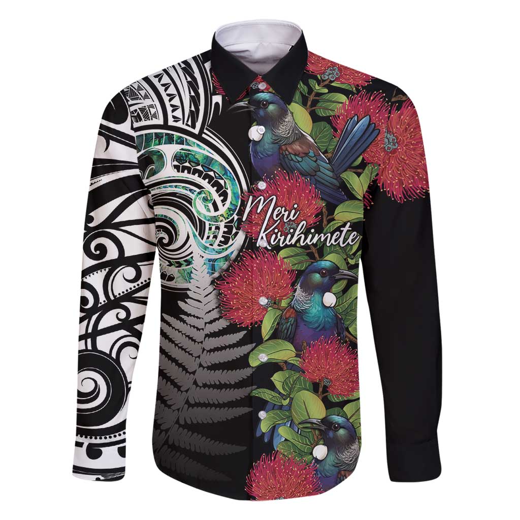 Meri Kirihimete New Zealand Family Matching Off Shoulder Short Dress and Hawaiian Shirt Tui on Pohutukawa LT7 Dad's Shirt - Long Sleeve Black - Polynesian Pride