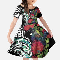 Meri Kirihimete New Zealand Family Matching Puletasi and Hawaiian Shirt Tui on Pohutukawa LT7 Daughter's Dress Black - Polynesian Pride