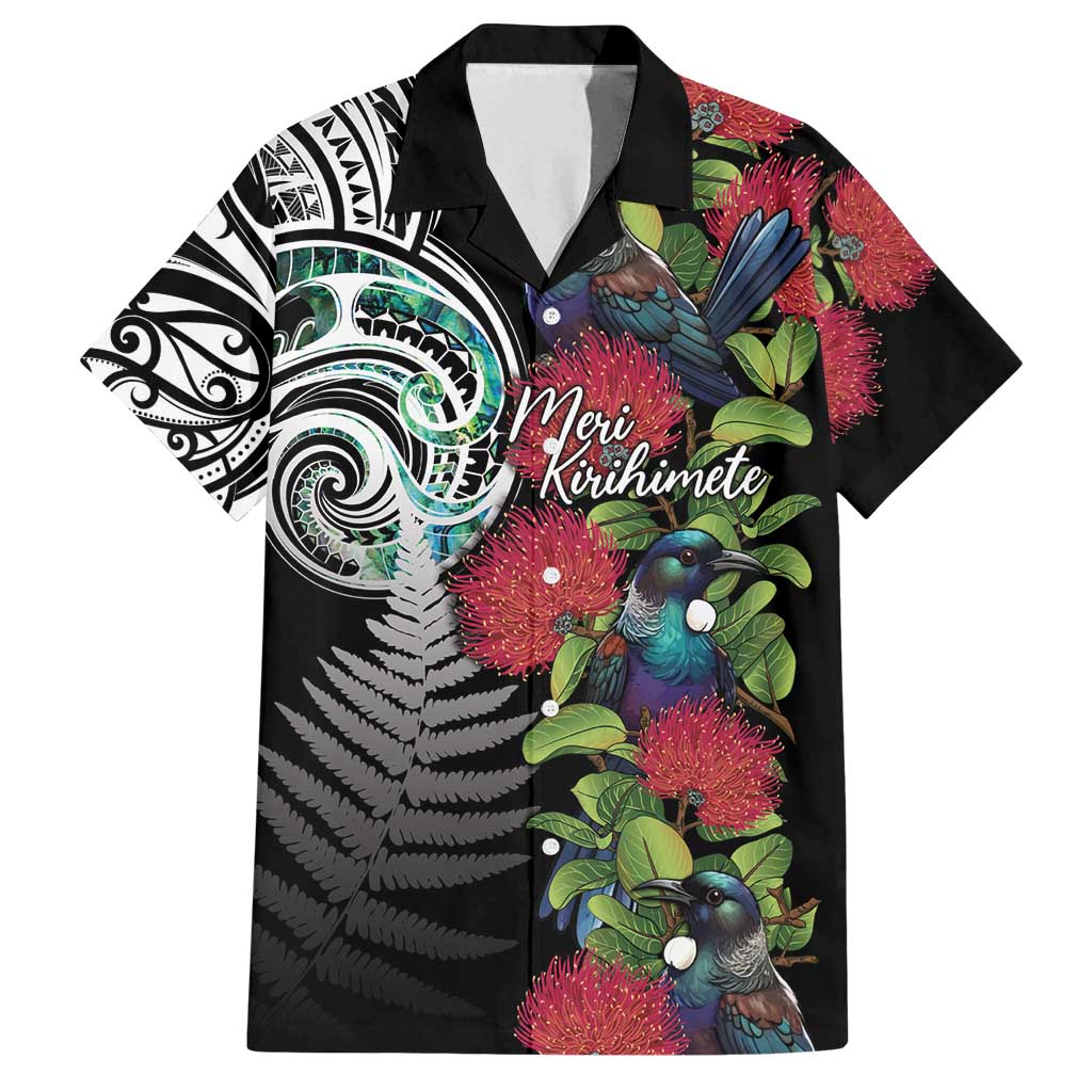 Meri Kirihimete New Zealand Family Matching Puletasi and Hawaiian Shirt Tui on Pohutukawa LT7 Dad's Shirt - Short Sleeve Black - Polynesian Pride