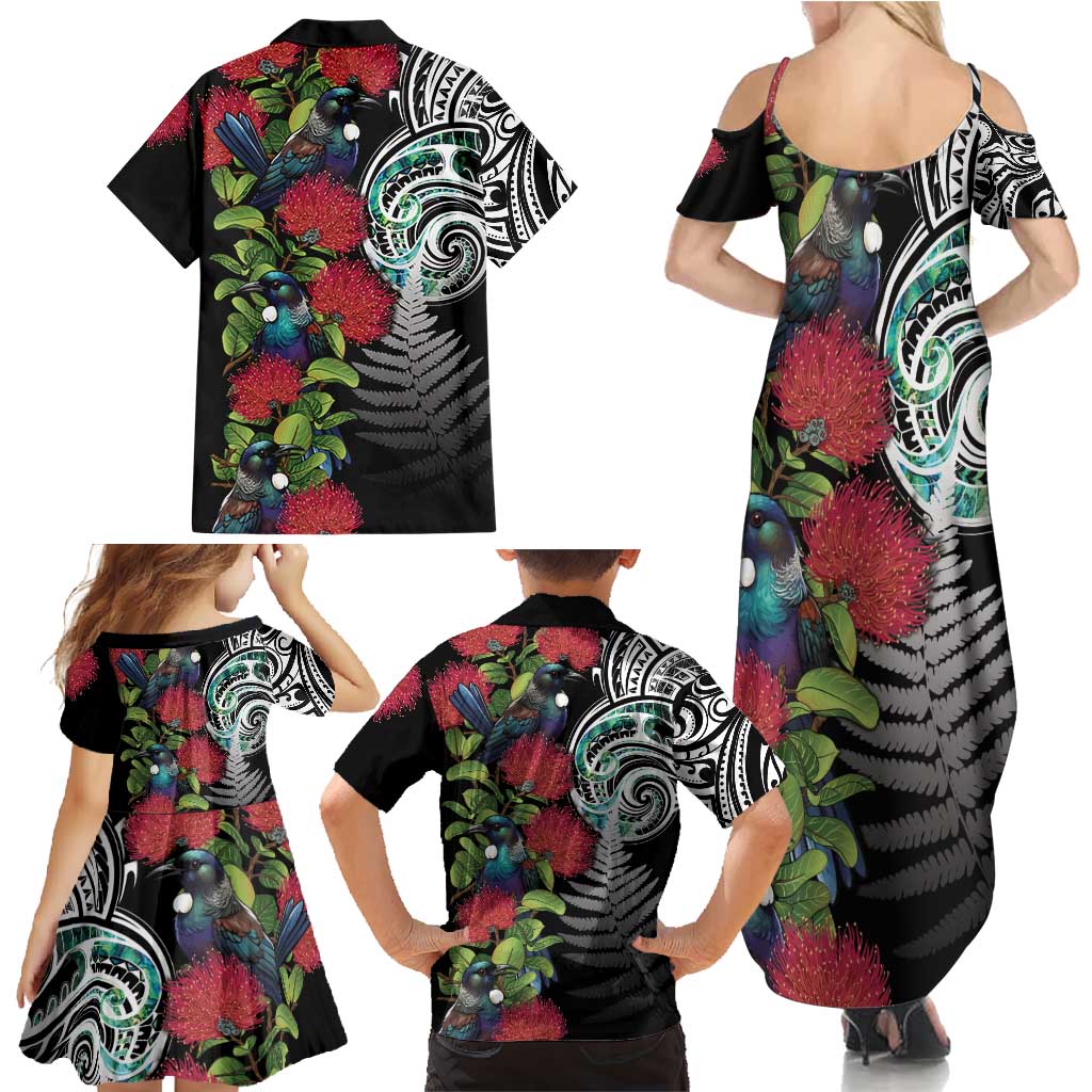 Meri Kirihimete New Zealand Family Matching Summer Maxi Dress and Hawaiian Shirt Tui on Pohutukawa LT7 - Polynesian Pride