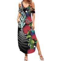 Meri Kirihimete New Zealand Family Matching Summer Maxi Dress and Hawaiian Shirt Tui on Pohutukawa LT7 Mom's Dress Black - Polynesian Pride