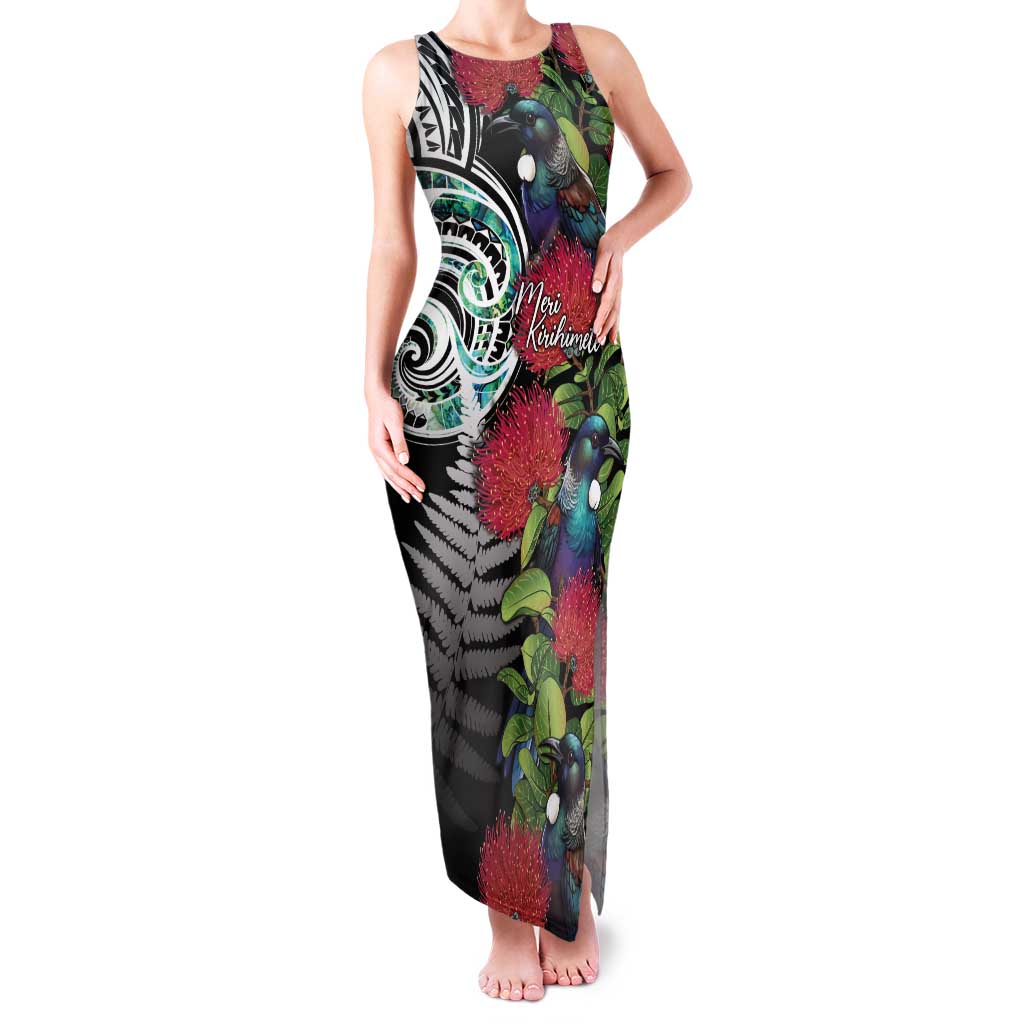Meri Kirihimete New Zealand Family Matching Tank Maxi Dress and Hawaiian Shirt Tui on Pohutukawa LT7 Mom's Dress Black - Polynesian Pride