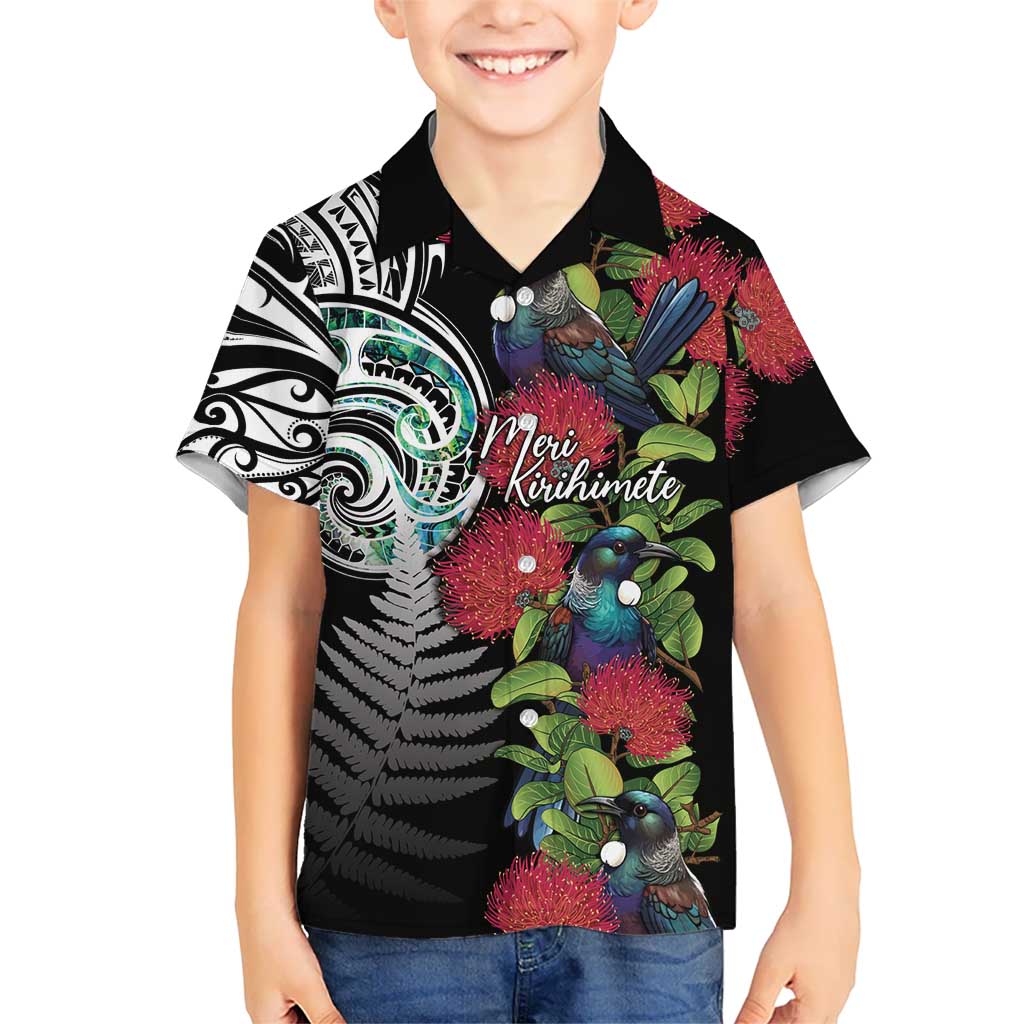 Meri Kirihimete New Zealand Kid Hawaiian Shirt Tui on Pohutukawa LT7 Kid Black - Polynesian Pride