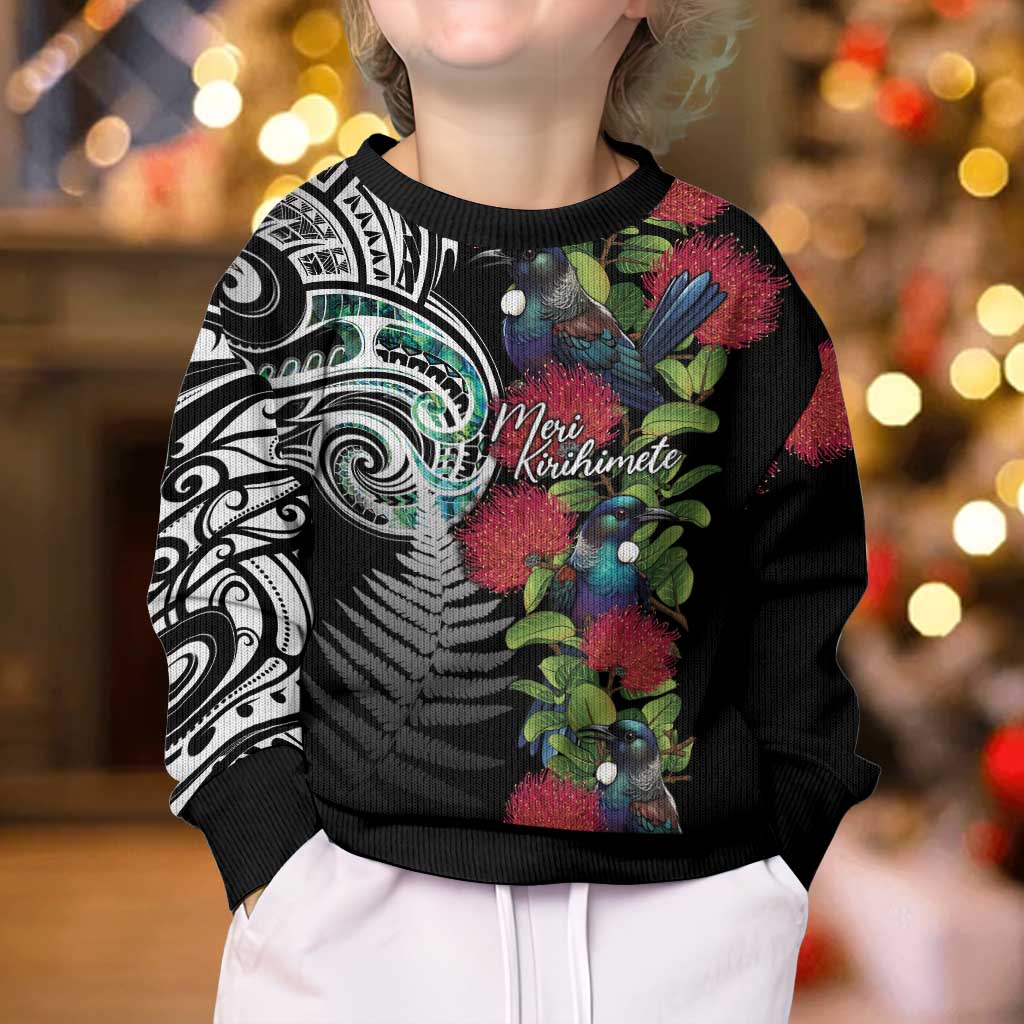 Meri Kirihimete New Zealand Kid Ugly Christmas Sweater Tui on Pohutukawa LT7 - Polynesian Pride