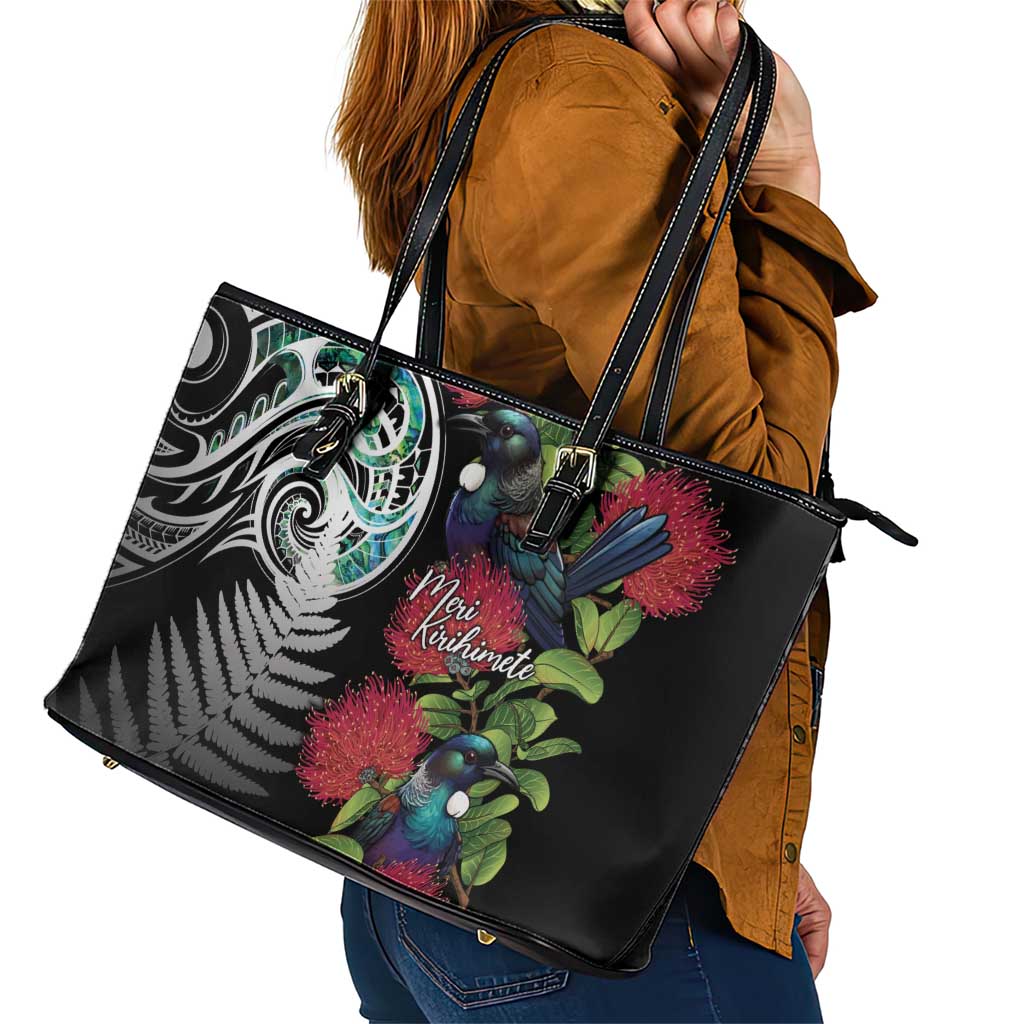 Meri Kirihimete New Zealand Leather Tote Bag Tui on Pohutukawa LT7 - Polynesian Pride