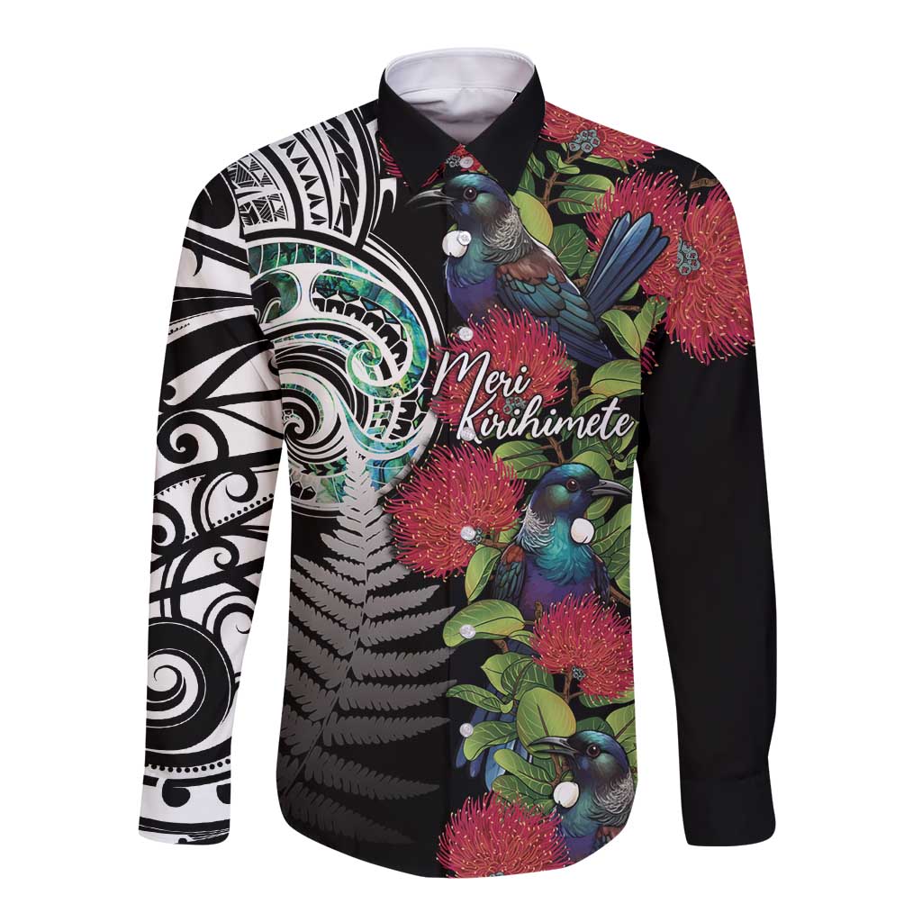 Meri Kirihimete New Zealand Long Sleeve Button Shirt Tui on Pohutukawa LT7 Unisex Black - Polynesian Pride