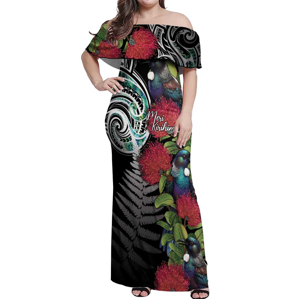 Meri Kirihimete New Zealand Off Shoulder Maxi Dress Tui on Pohutukawa