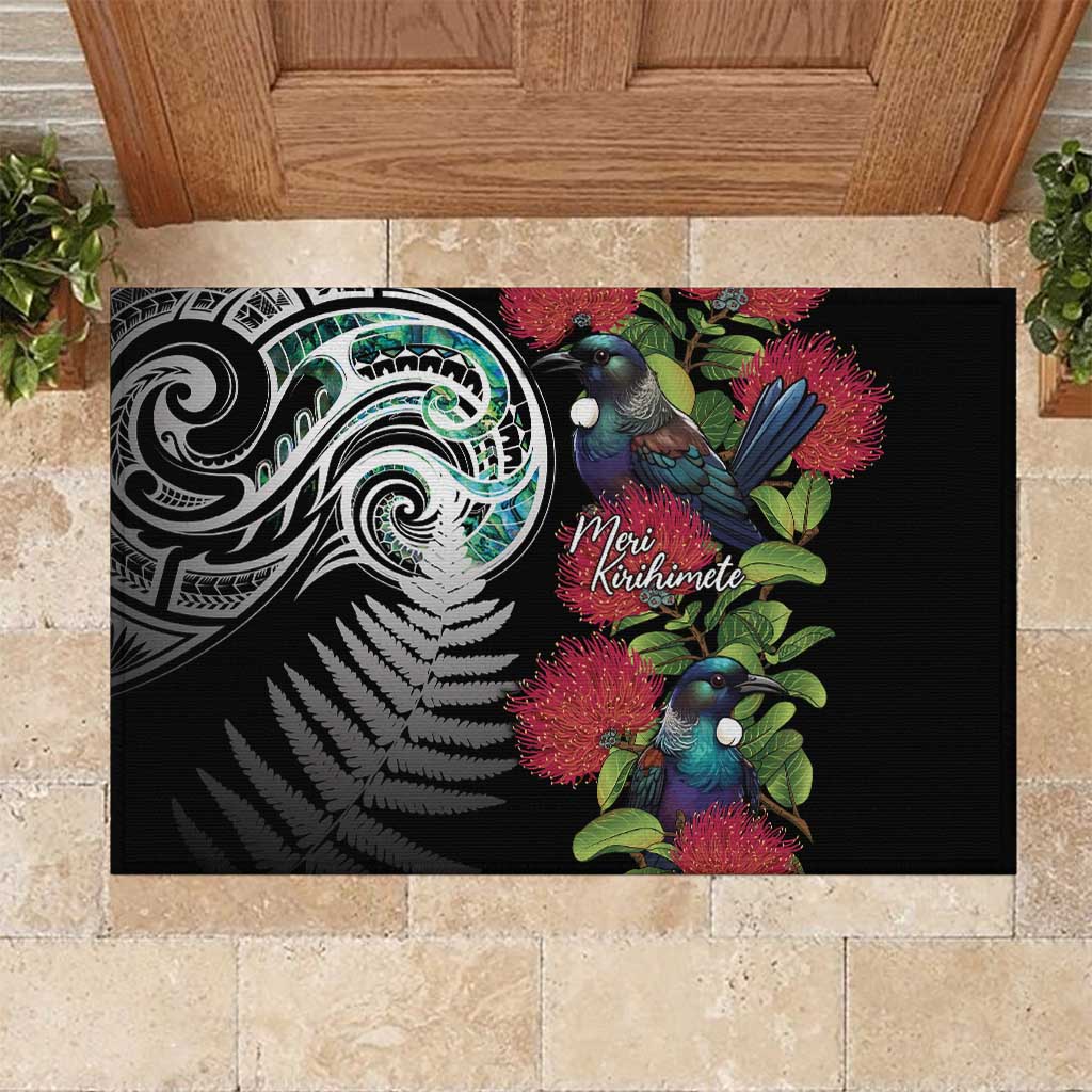 Meri Kirihimete New Zealand Rubber Doormat Tui on Pohutukawa LT7 Black - Polynesian Pride