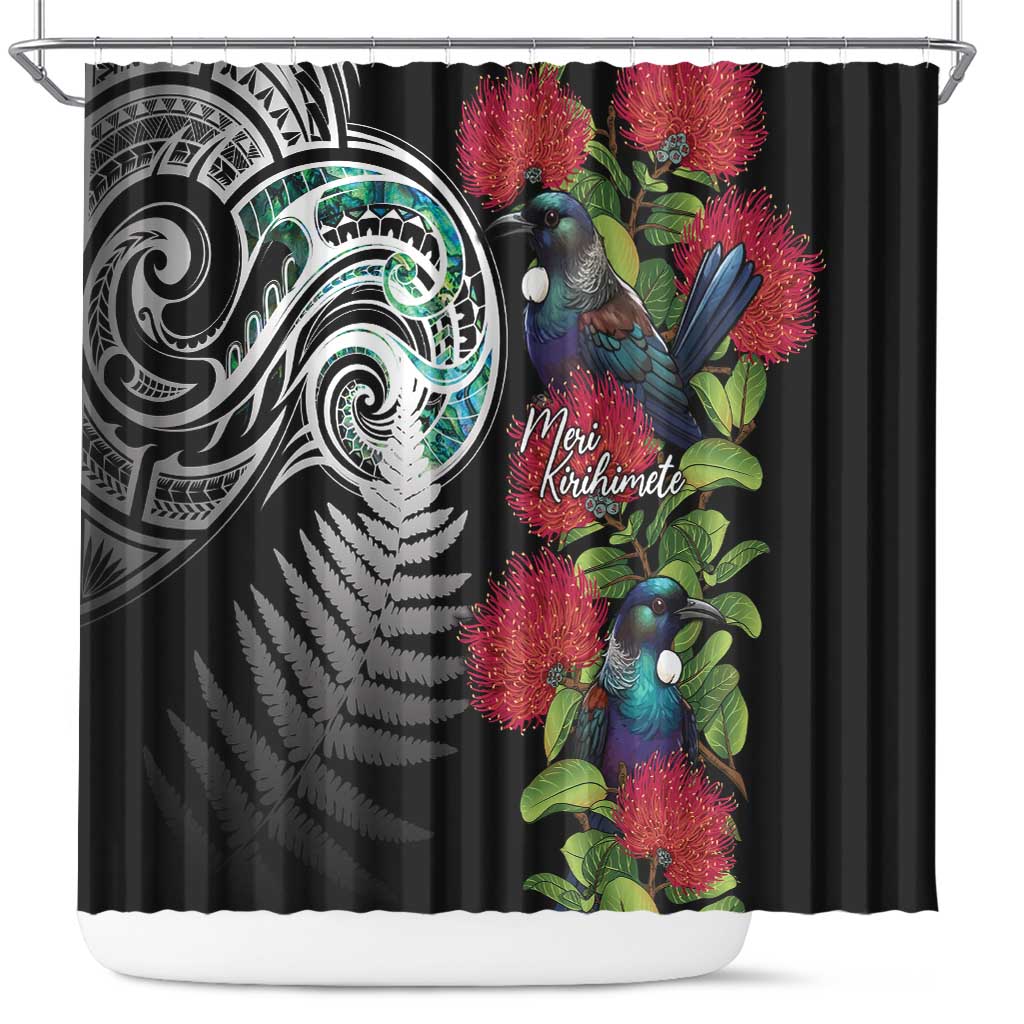 Meri Kirihimete New Zealand Shower Curtain Tui on Pohutukawa