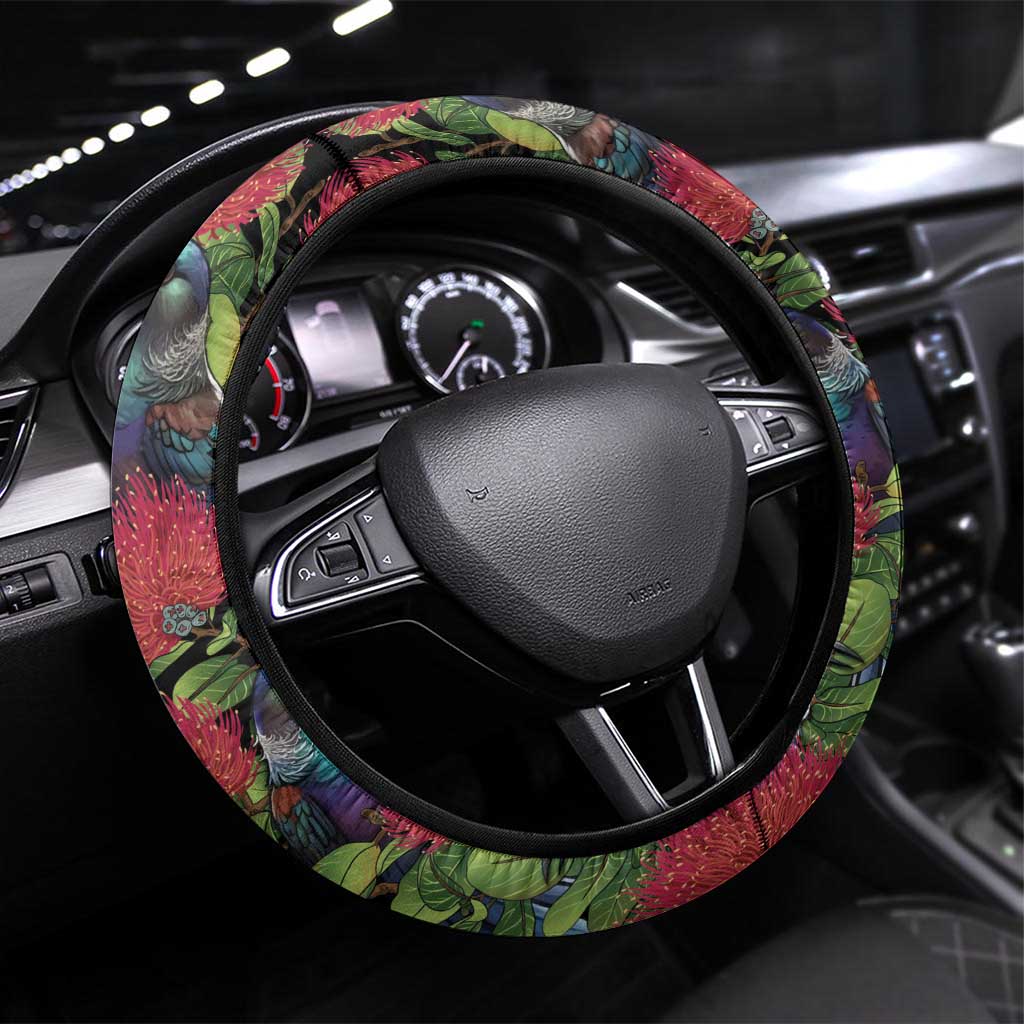 Meri Kirihimete New Zealand Steering Wheel Cover Tui on Pohutukawa