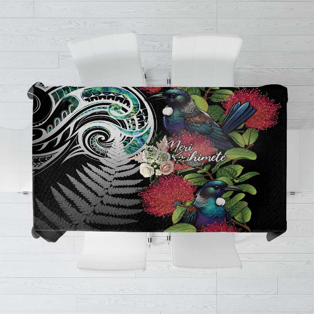 Meri Kirihimete New Zealand Tablecloth Tui on Pohutukawa LT7 Black - Polynesian Pride