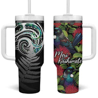 Meri Kirihimete New Zealand Tumbler With Handle Tui on Pohutukawa LT7 One Size: 40 oz Black - Polynesian Pride