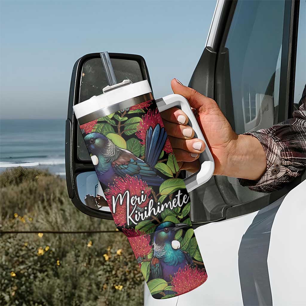 Meri Kirihimete New Zealand Tumbler With Handle Tui on Pohutukawa LT7 - Polynesian Pride
