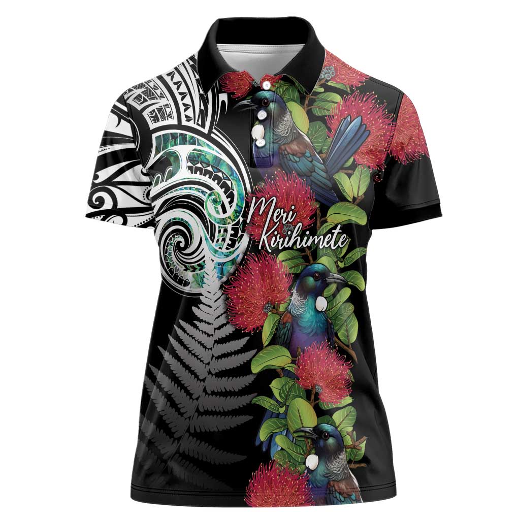 Meri Kirihimete New Zealand Women Polo Shirt Tui on Pohutukawa