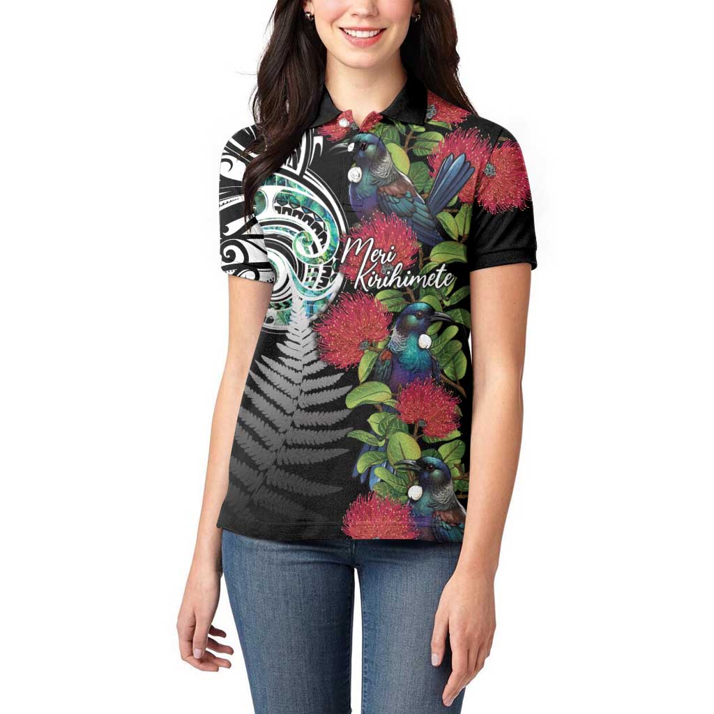 Meri Kirihimete New Zealand Women Polo Shirt Tui on Pohutukawa