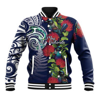 Meri Kirihimete New Zealand Baseball Jacket Tui on Pohutukawa - Blue Ver LT7 Unisex Blue - Polynesian Pride