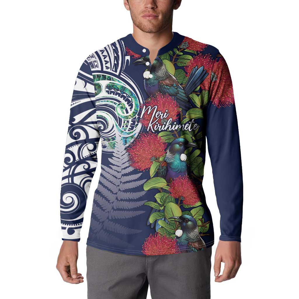 Meri Kirihimete New Zealand Button Sweatshirt Tui on Pohutukawa - Blue Ver
