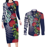 Meri Kirihimete New Zealand Couples Matching Long Sleeve Bodycon Dress and Long Sleeve Button Shirt Tui on Pohutukawa - Blue Ver