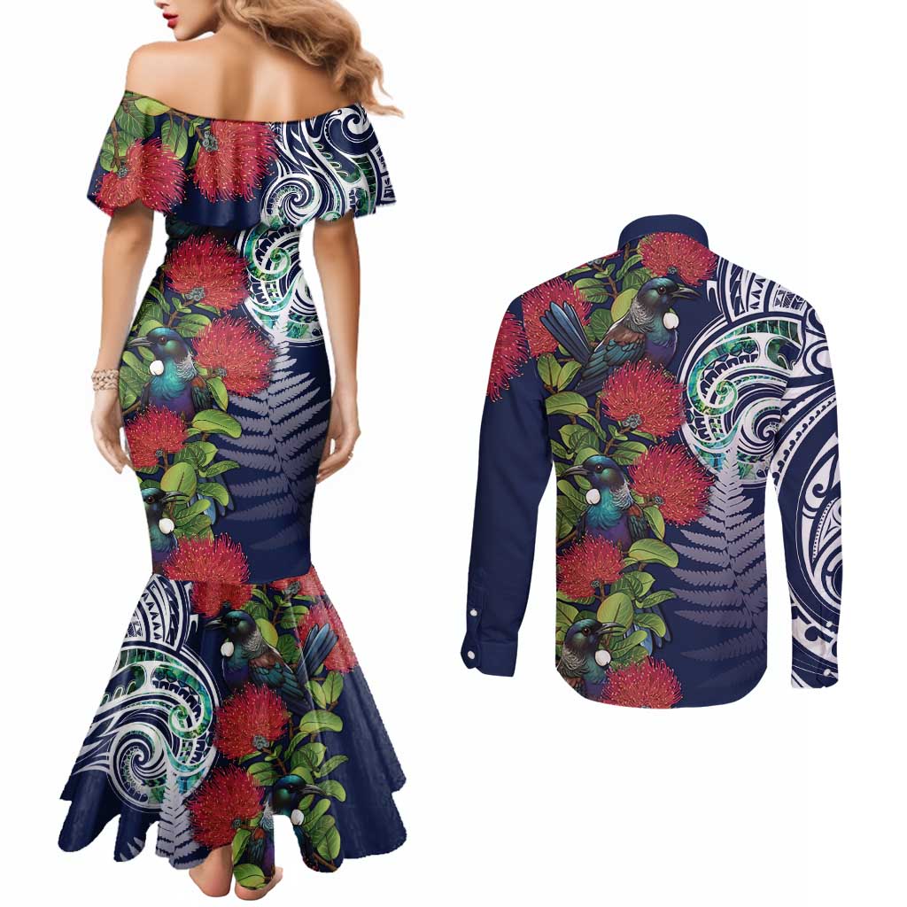 Meri Kirihimete New Zealand Couples Matching Mermaid Dress and Long Sleeve Button Shirt Tui on Pohutukawa - Blue Ver