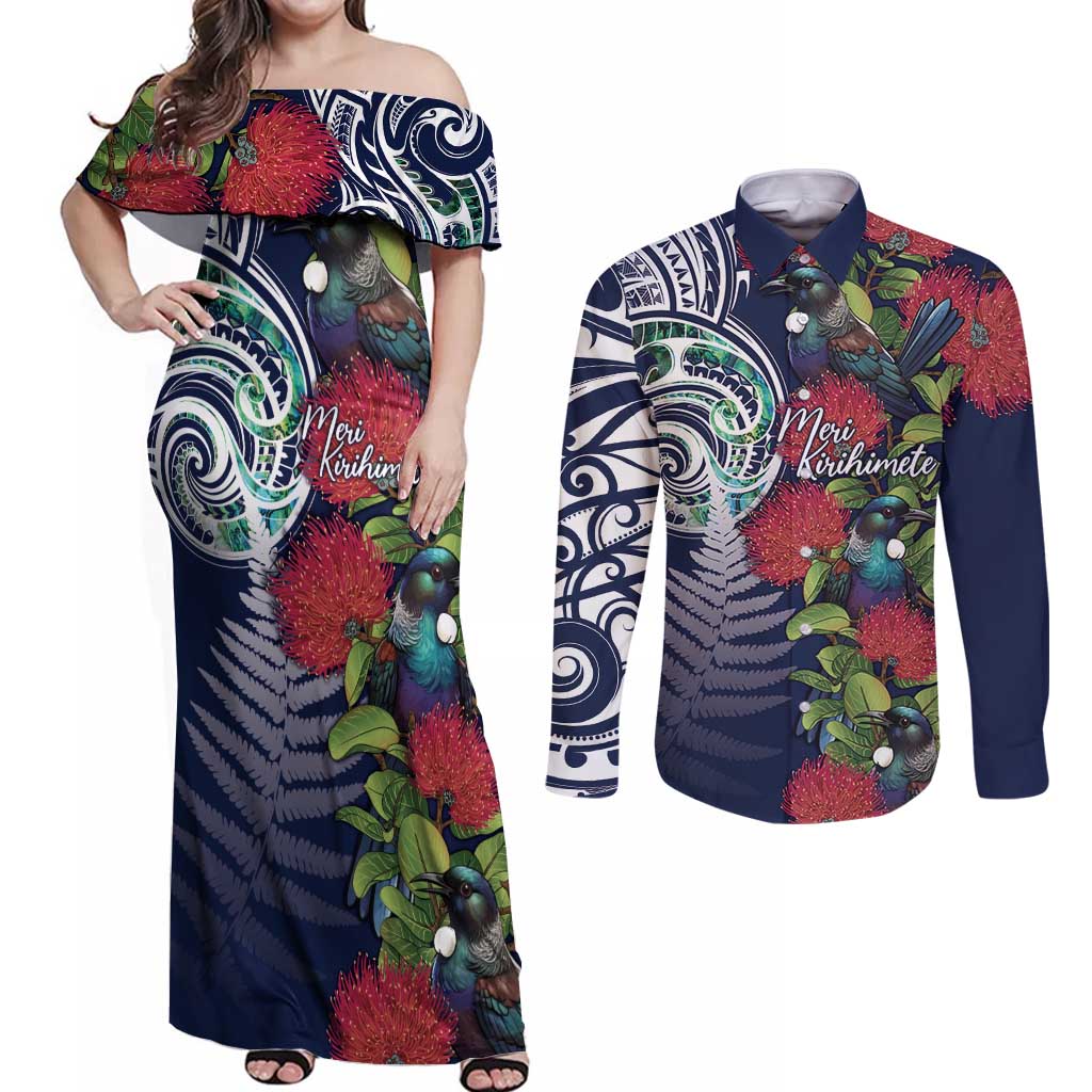 Meri Kirihimete New Zealand Couples Matching Off Shoulder Maxi Dress and Long Sleeve Button Shirt Tui on Pohutukawa - Blue Ver