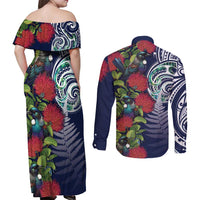 Meri Kirihimete New Zealand Couples Matching Off Shoulder Maxi Dress and Long Sleeve Button Shirt Tui on Pohutukawa - Blue Ver
