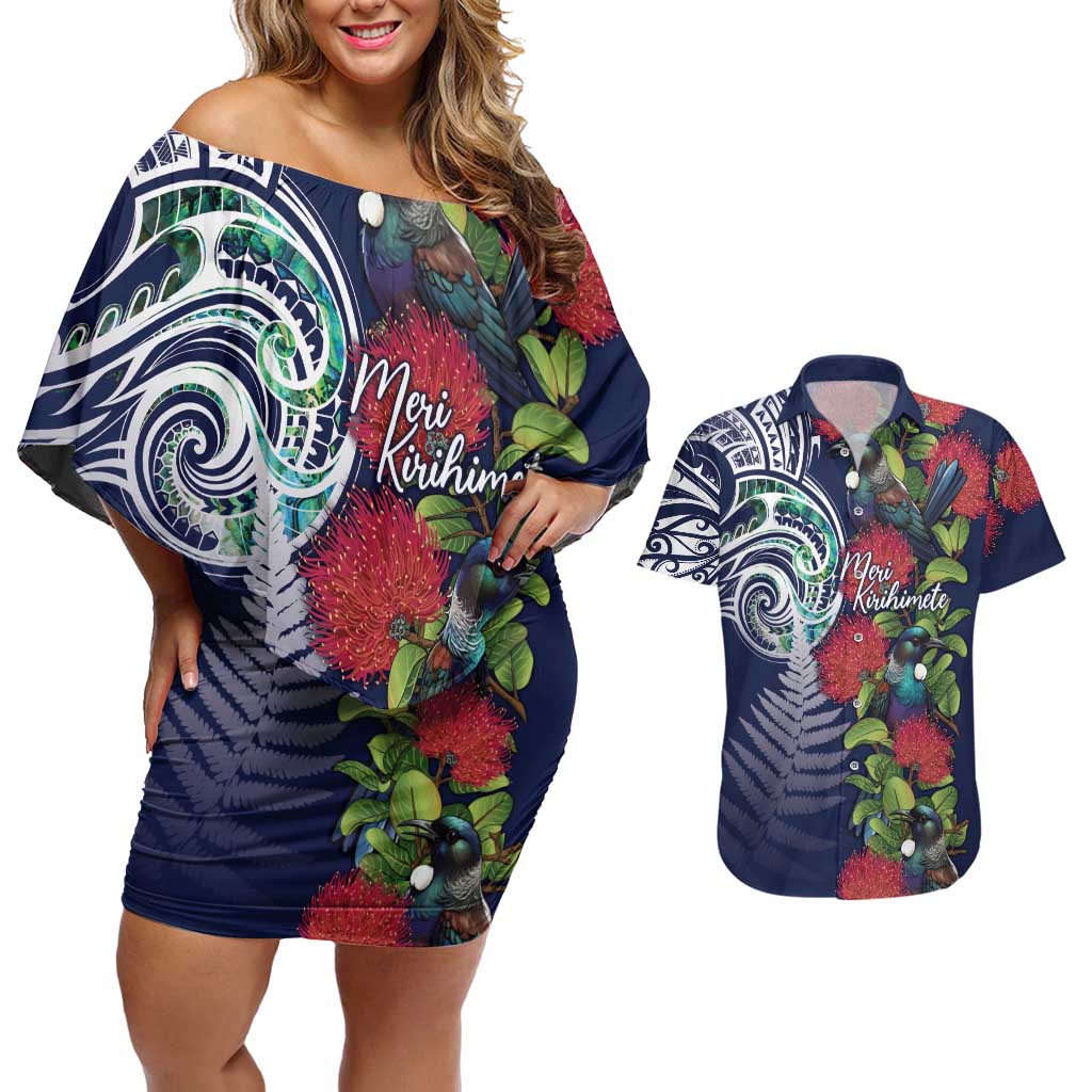 Meri Kirihimete New Zealand Couples Matching Off Shoulder Short Dress and Hawaiian Shirt Tui on Pohutukawa - Blue Ver