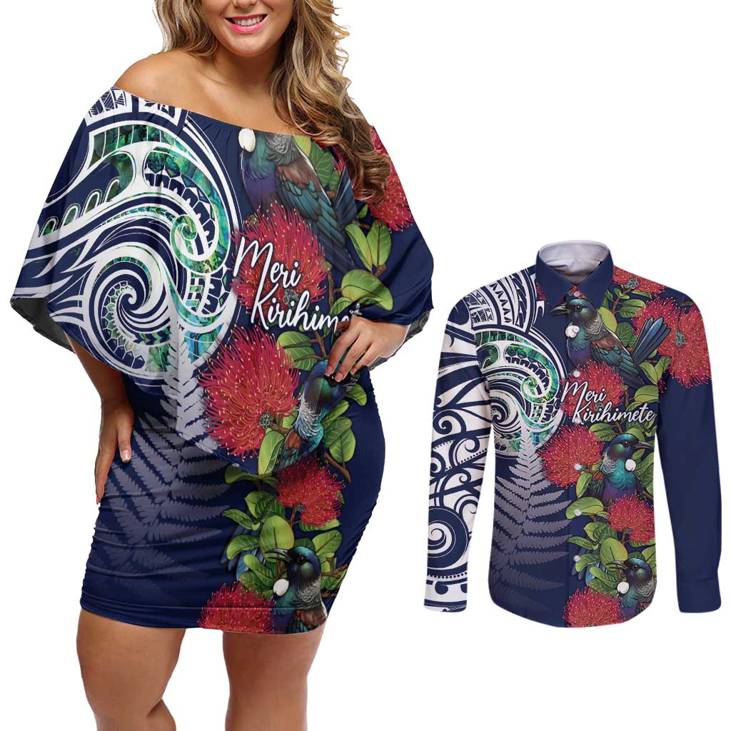 Meri Kirihimete New Zealand Couples Matching Off Shoulder Short Dress and Long Sleeve Button Shirt Tui on Pohutukawa - Blue Ver