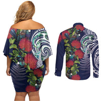 Meri Kirihimete New Zealand Couples Matching Off Shoulder Short Dress and Long Sleeve Button Shirt Tui on Pohutukawa - Blue Ver
